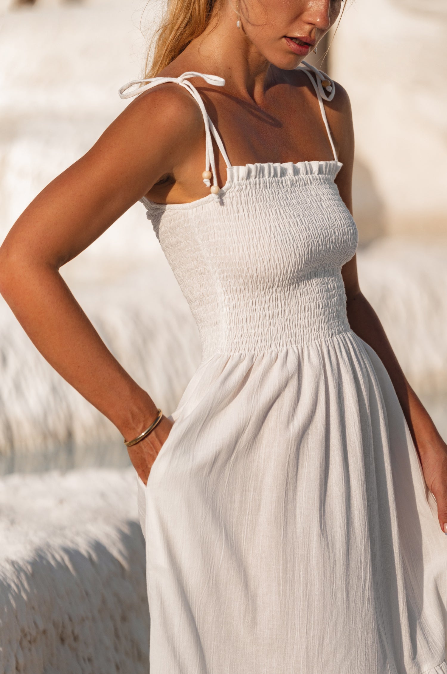 Paradiso Strappy Linen Midi Dress - Off White