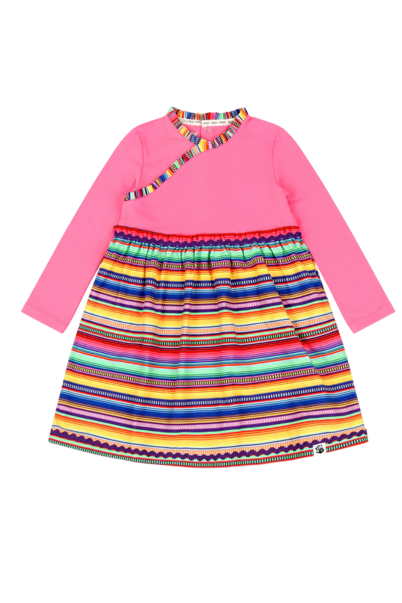 Mixed Up Clothing Girls Long Sleeve Ruffle Trim Dress Pink Multicolor Stripe