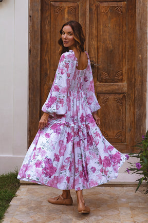 Floriana Long Sleeve Midi Dress - Rose Peony