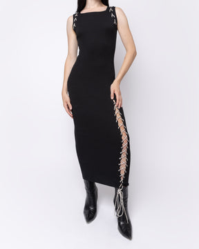 Rhinestone Lace Up Square Neck Midi Dress