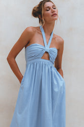 Penelope Halter Linen Maxi Dress - Crystal Blue