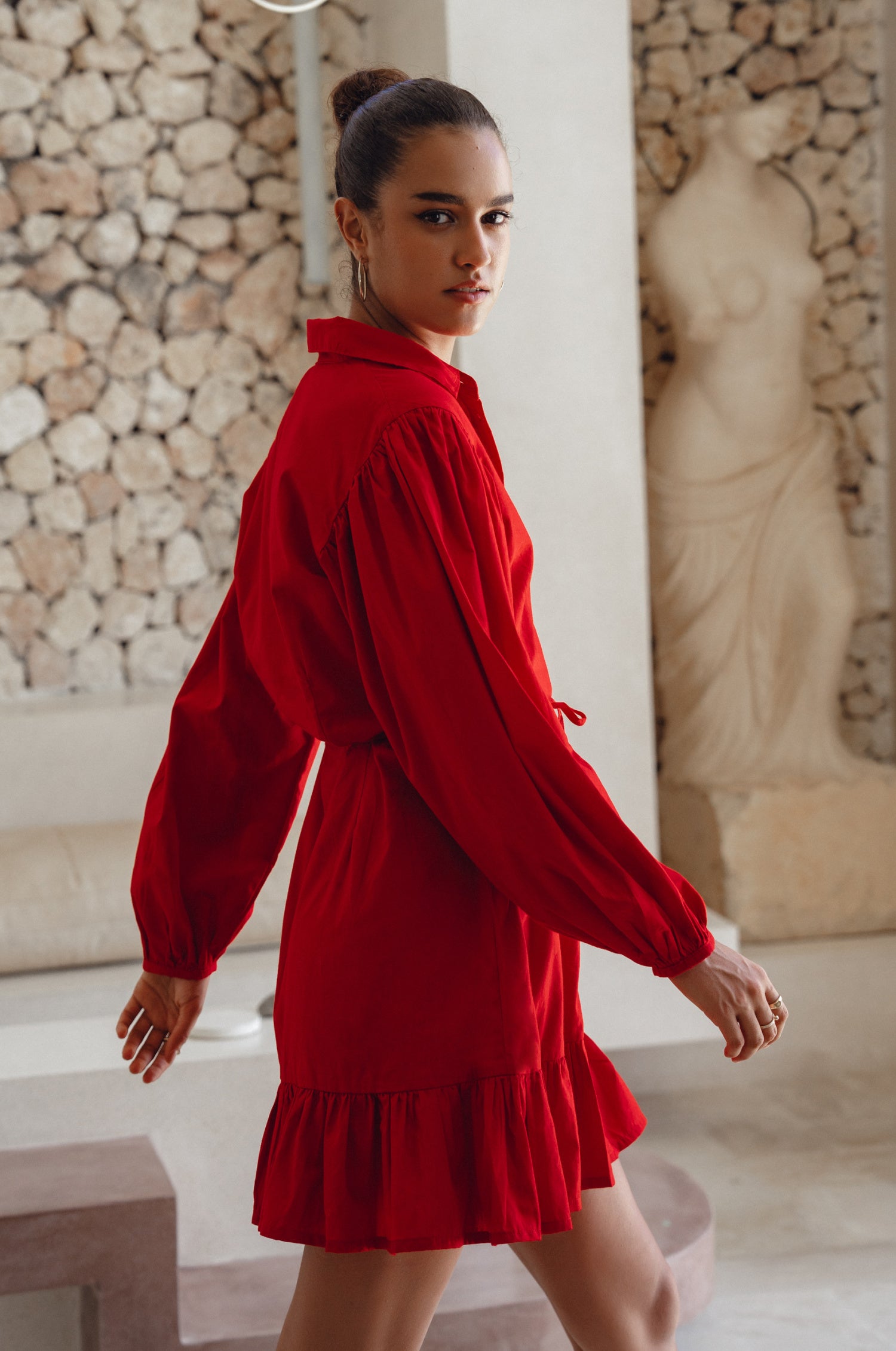 Malina Button Down Cotton Mini Dress - Red