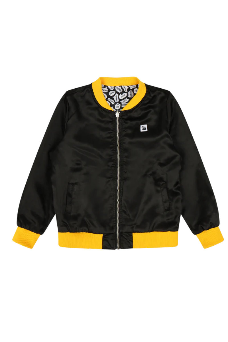 Kids Reversible Zip up Lightweight Bomber Jacket - Black/Yellow/Hello