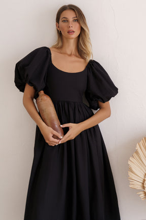 Cherie Puff Sleeve Midi Dress - Black