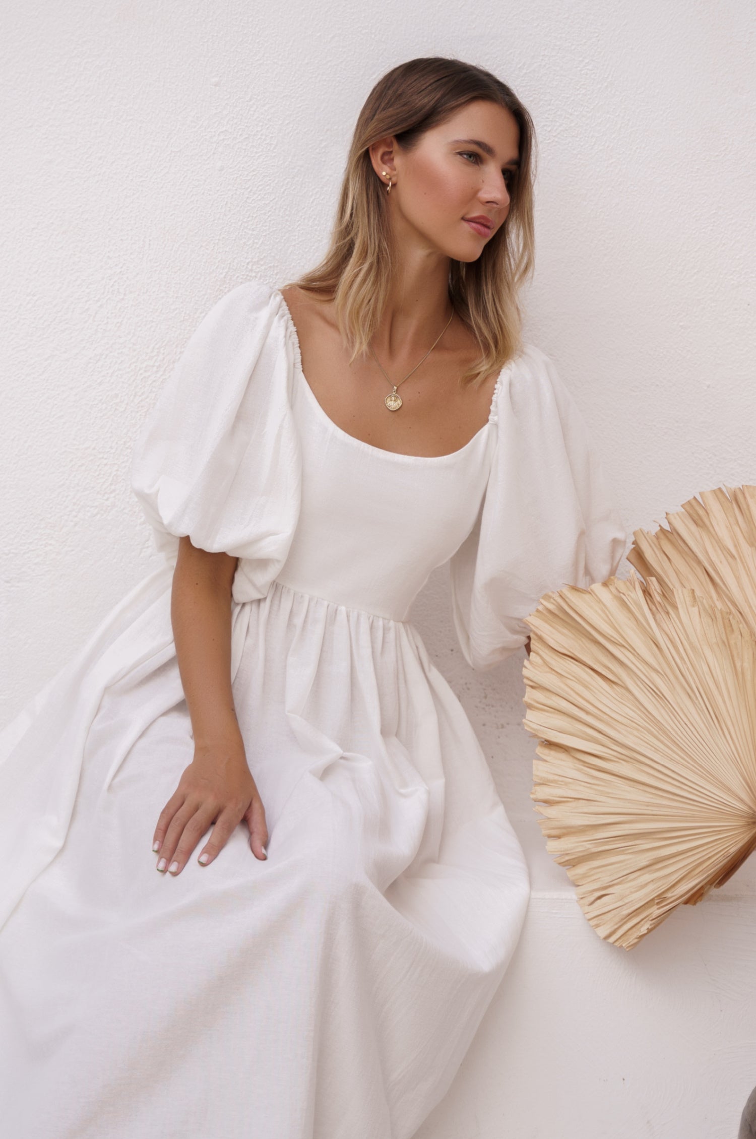 Cherie Puff Sleeve Midi Dress - Off White