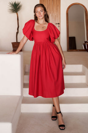 Cherie Puff Sleeve Midi Dress - Red