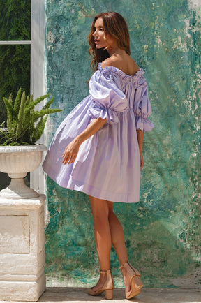 Vacay Off Shoulder Cotton Mini Dress - Lavender