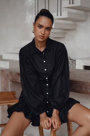 Malina Button Down Cotton Mini Dress - Black