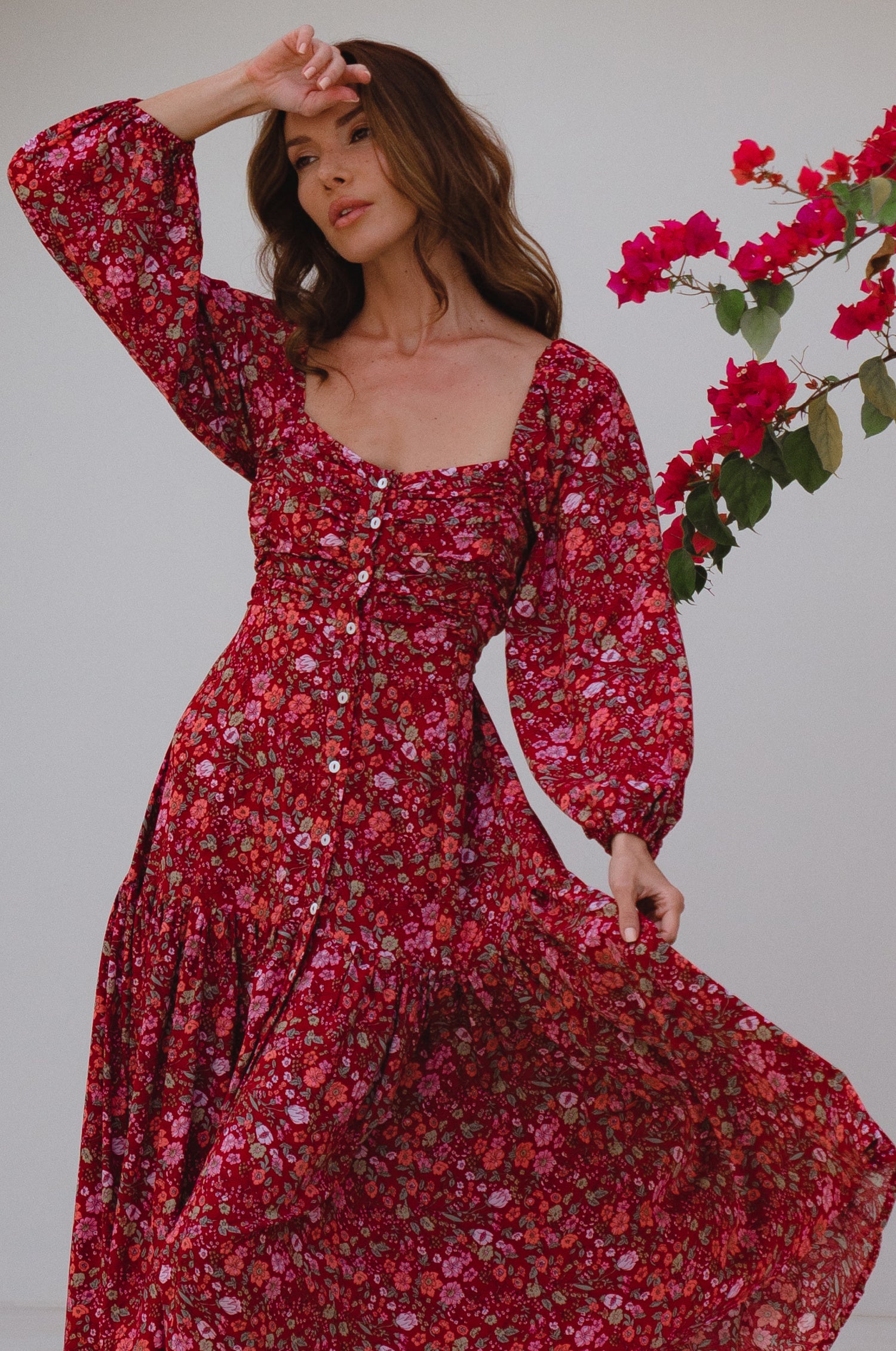 Verona Long Sleeve Midi Dress - Ruby Wildflower