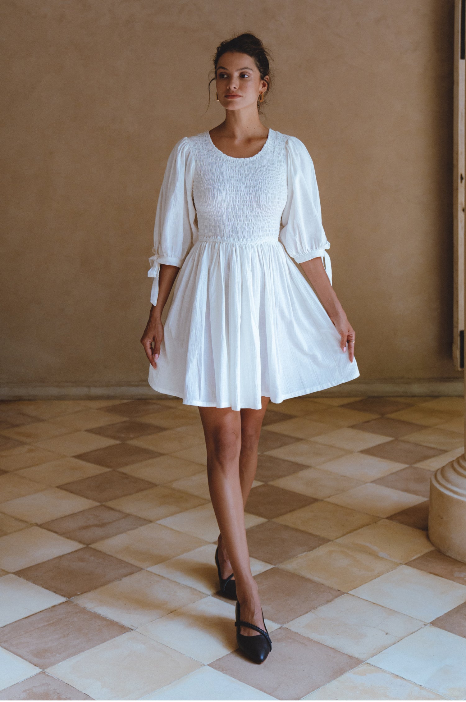 Jolie Puff Sleeve Linen Mini Dress  - White