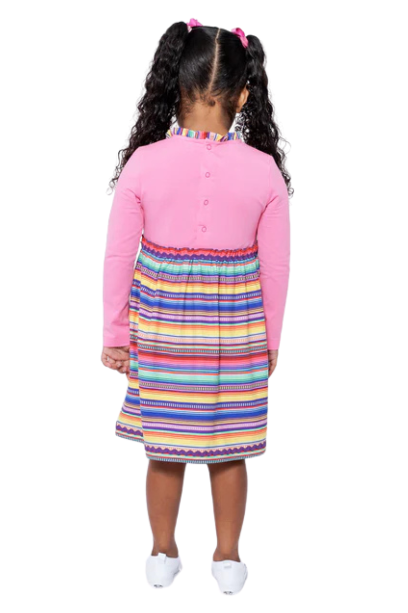 Mixed Up Clothing Girls Long Sleeve Ruffle Trim Dress Pink Multicolor Stripe