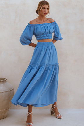 Annabelle Boho Linen Maxi Skirt - Azure