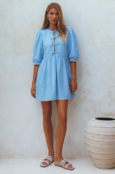 Beatrice Puff Sleeve Linen Mini Dress - Crystal Blue