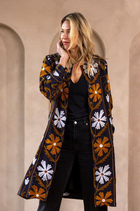 Malika Coats - Black with Brown Embroidery