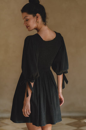 Jolie Puff Sleeve Linen Mini Dress  - Black