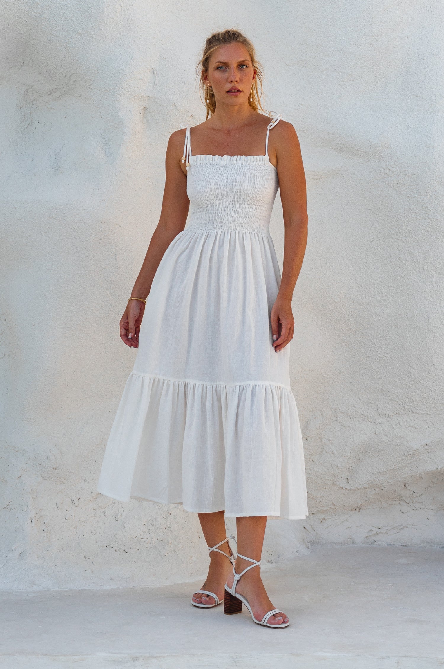 Paradiso Strappy Linen Midi Dress - Off White