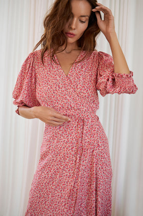 Set Sail Puff Sleeve Wrap Cotton Dress - Rose Fields