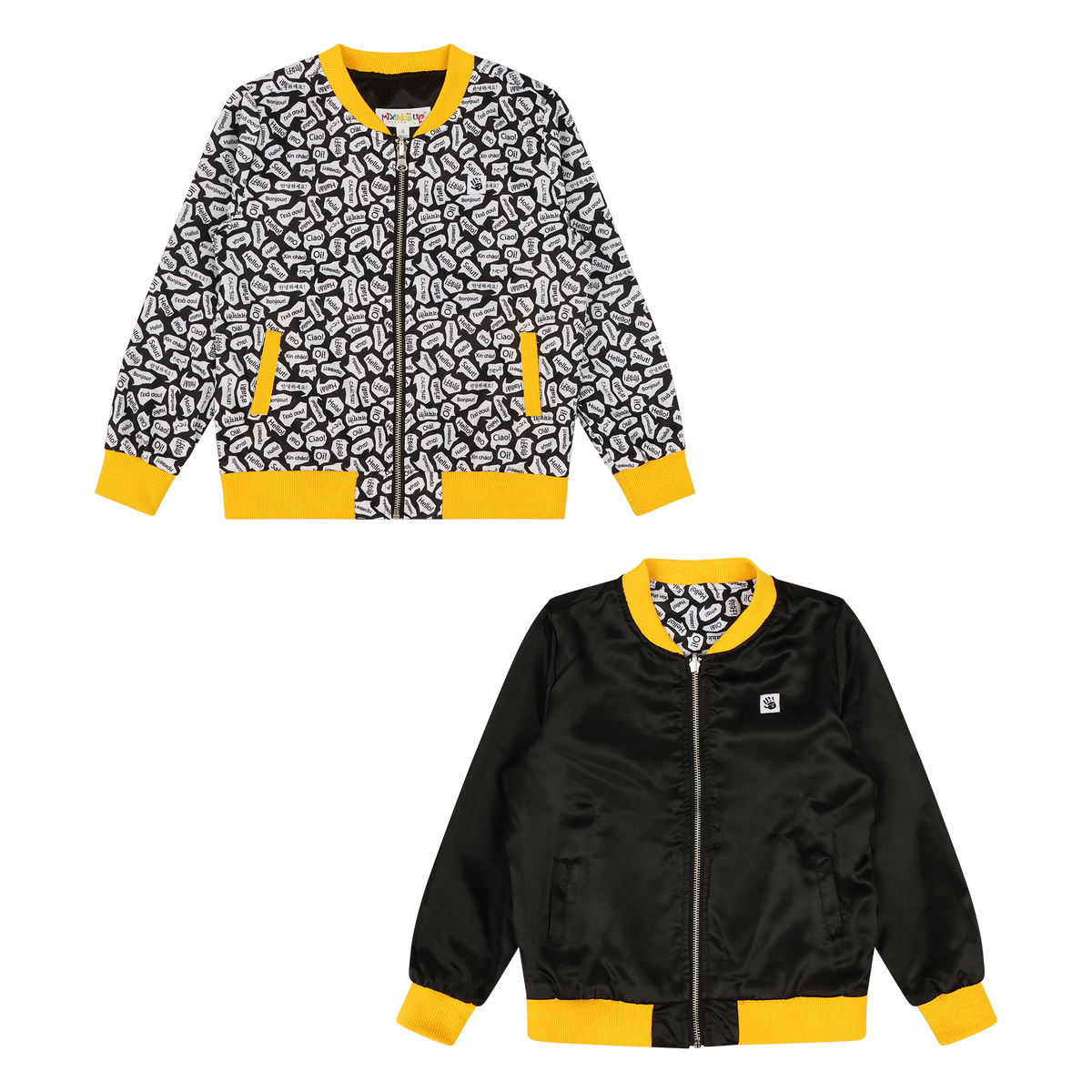 Kids Reversible Zip up Lightweight Bomber Jacket - Black/Yellow/Hello