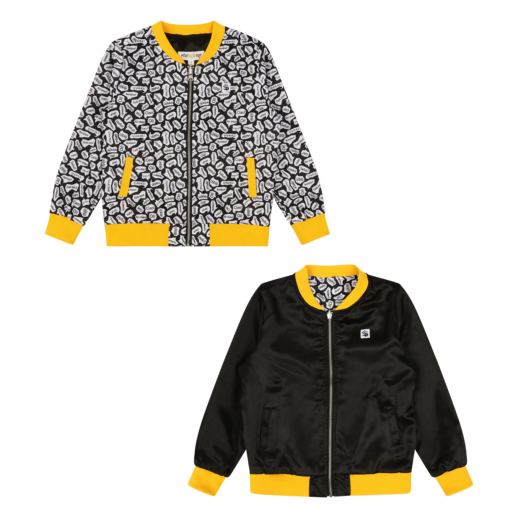 Kids Reversible Zip up Lightweight Bomber Jacket - Black/Yellow/Hello