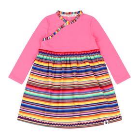 Mixed Up Clothing Girls Long Sleeve Ruffle Trim Dress Pink Multicolor Stripe