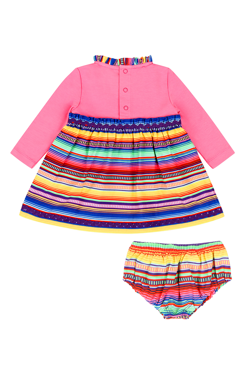 Mixed Up Clothing Long Sleeve Ruffle Trim Dress and Bloomer Set Pink Multicolor Stripe