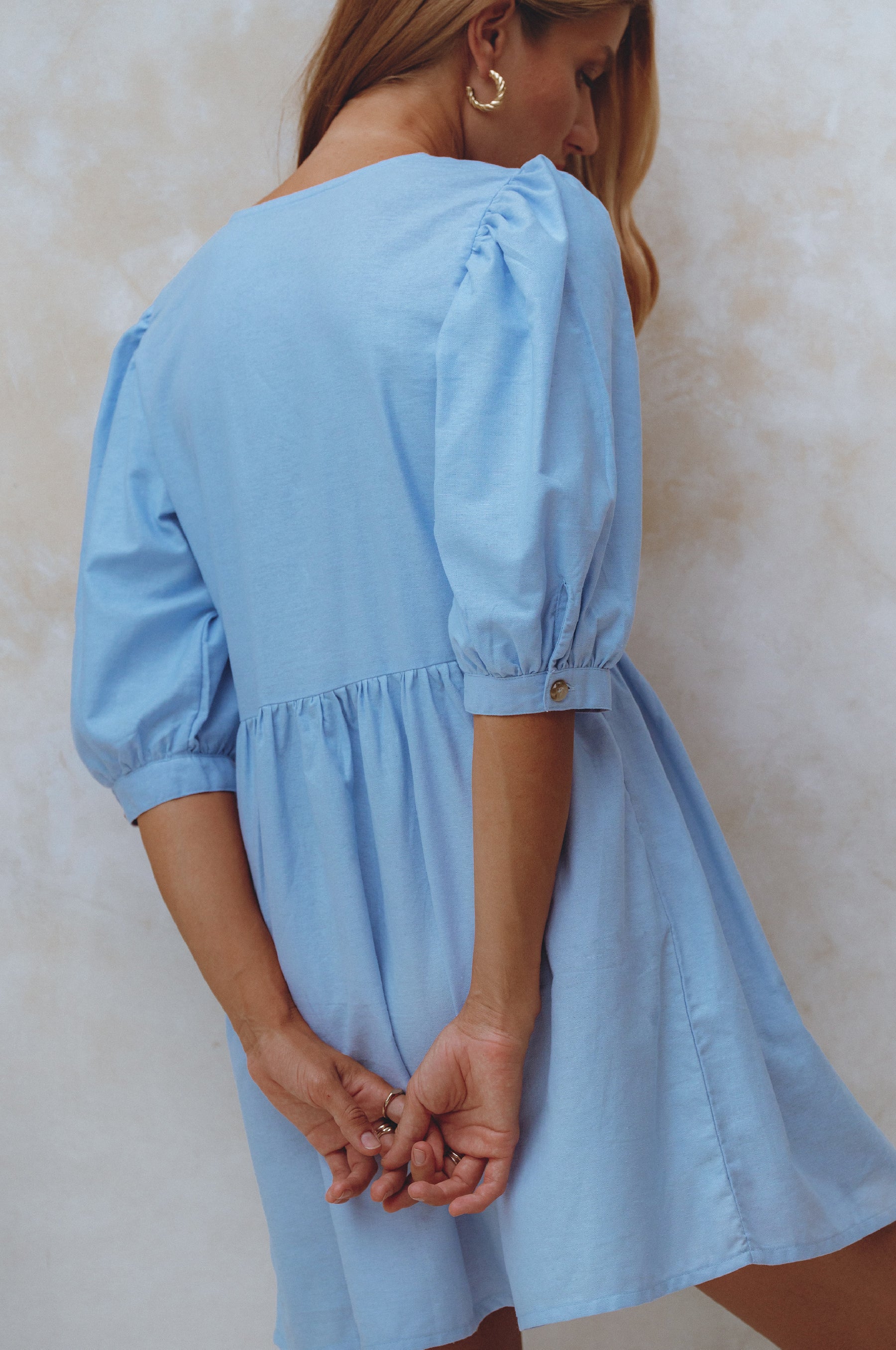 Beatrice Puff Sleeve Linen Mini Dress - Crystal Blue