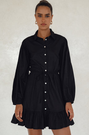 Malina Button Down Cotton Mini Dress - Black