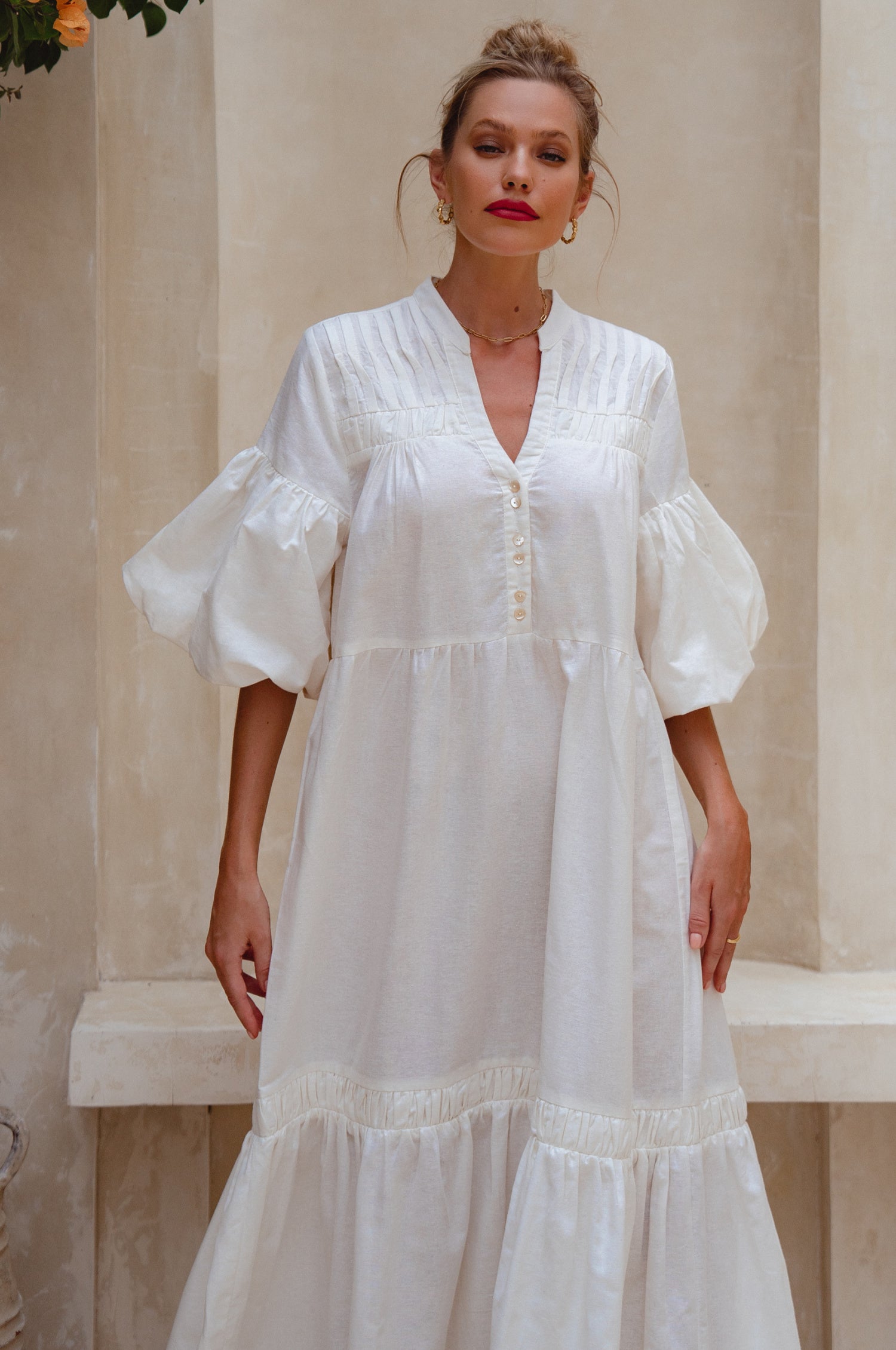 Oleana Puff Sleeve Maxi Dress - Off White