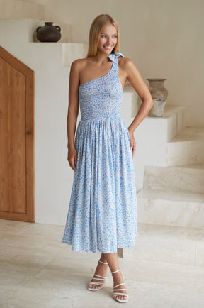 Sienna One-Shoulder Shirred Dress - Blue Blossom