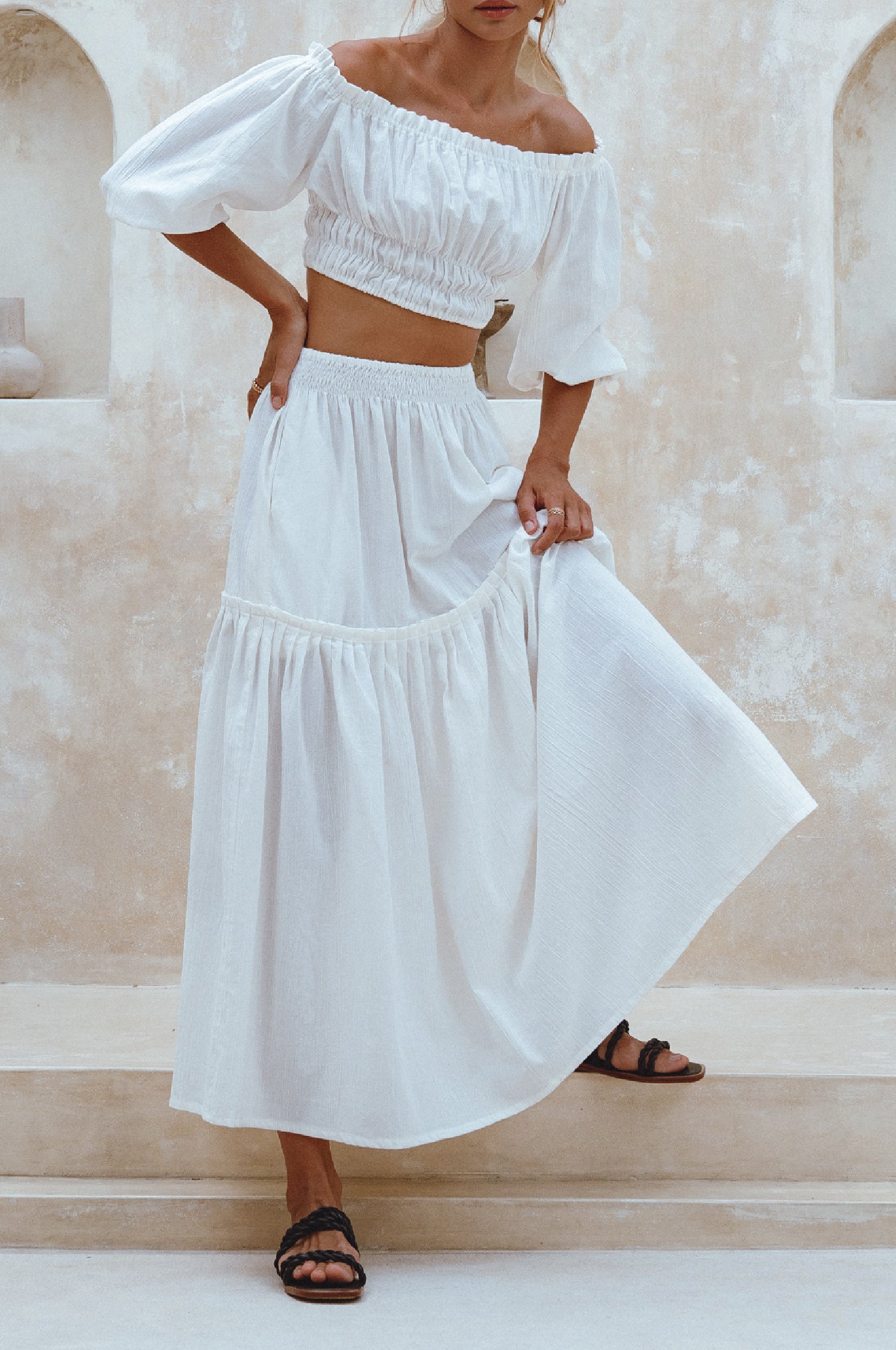 Annabelle Boho Linen Maxi Skirt - White