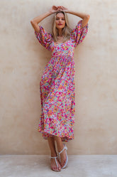 Violeta Puff Sleeve Midi Dress - Miracle Garden