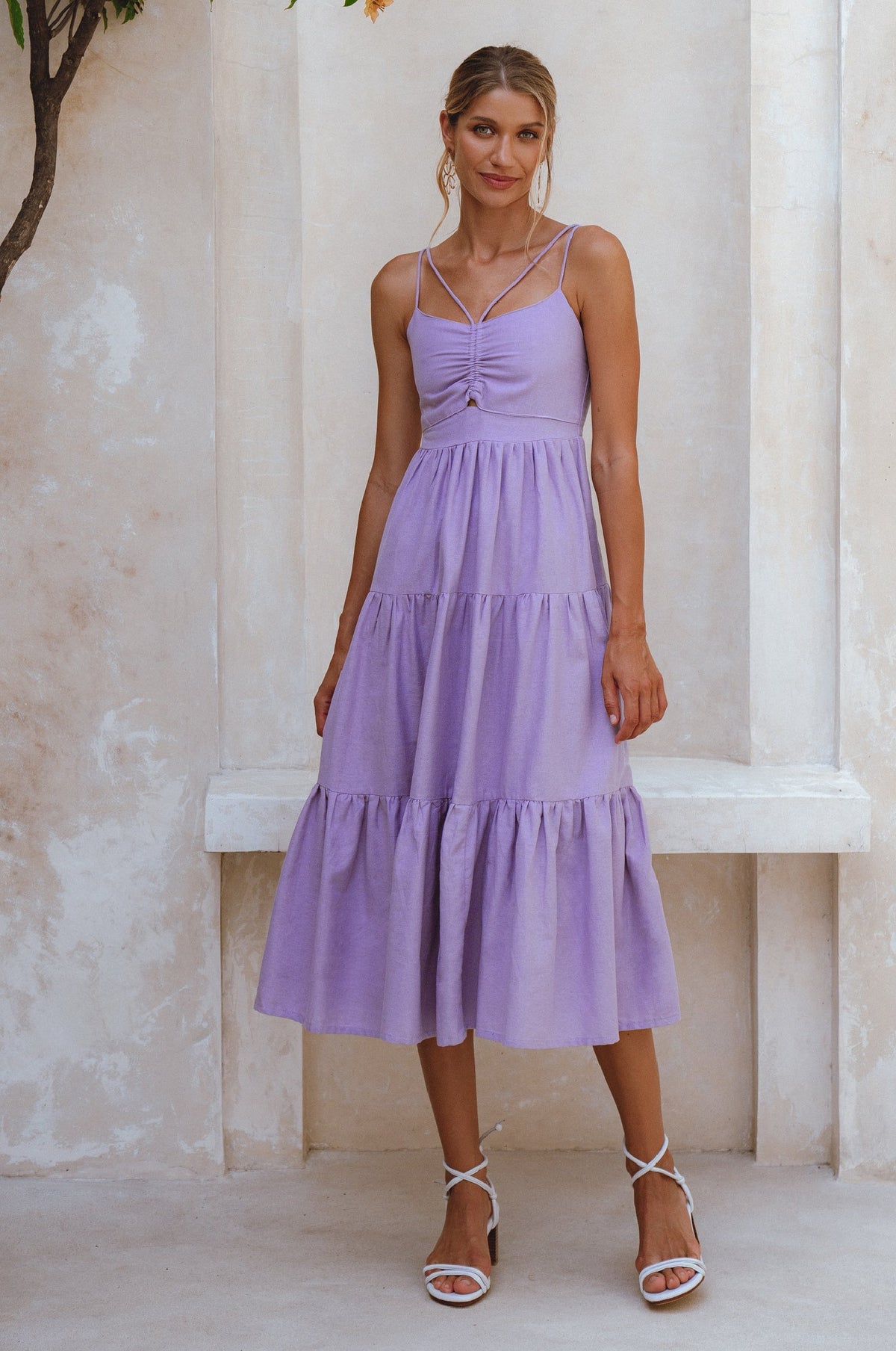 Rafaela Strappy Linen Midi Dress - Lavender