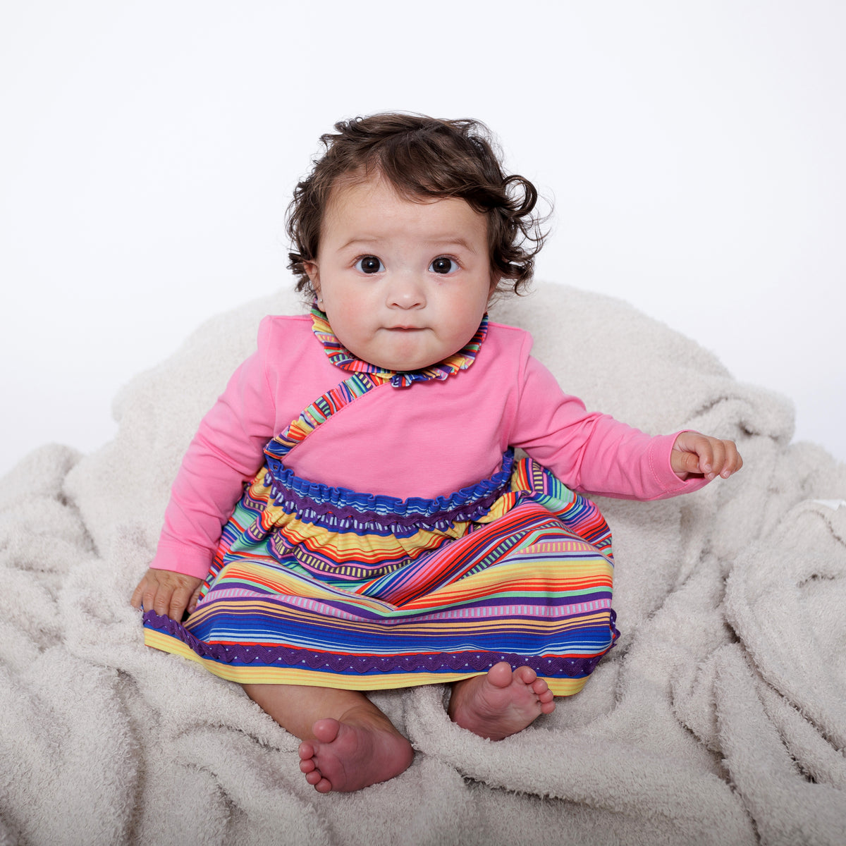 Mixed Up Clothing Long Sleeve Ruffle Trim Dress and Bloomer Set Pink Multicolor Stripe