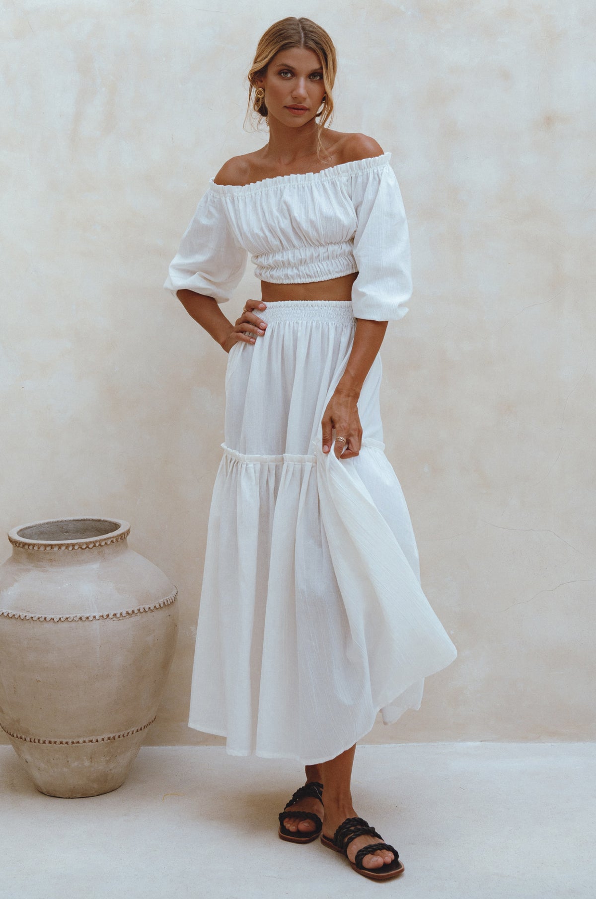 Annabelle Boho Linen Maxi Skirt - White