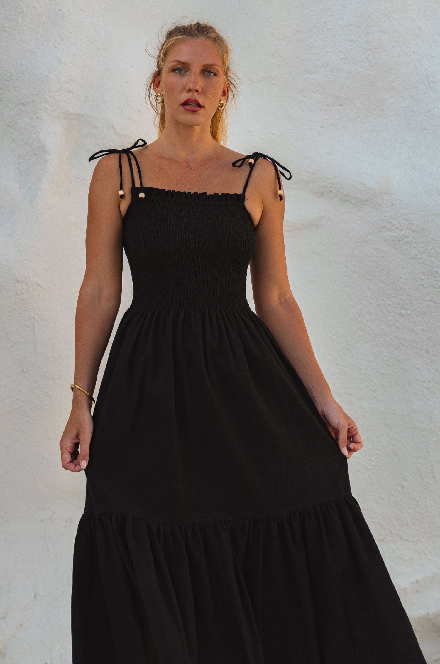 Paradiso Strappy Linen Midi Dress - Black