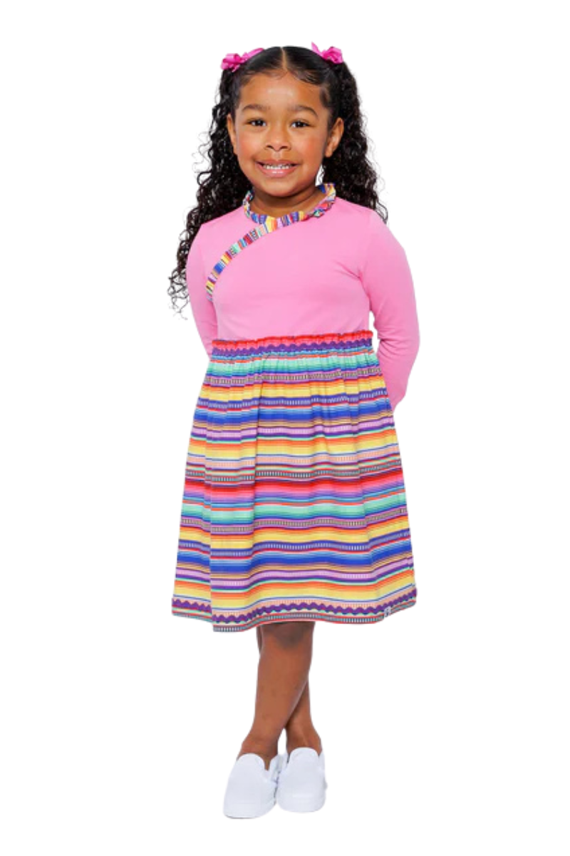 Mixed Up Clothing Girls Long Sleeve Ruffle Trim Dress Pink Multicolor Stripe