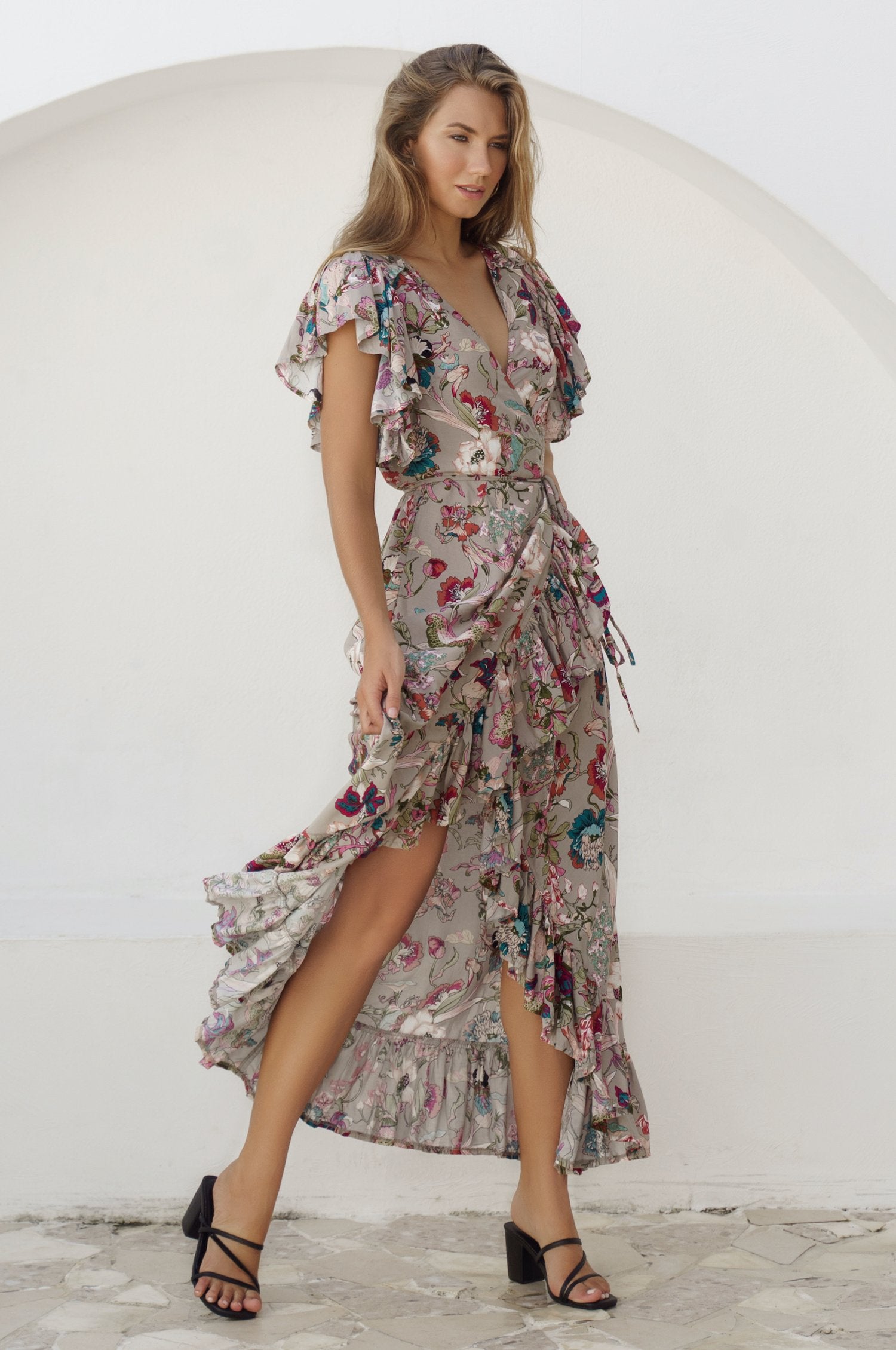 Carmen Wrap Maxi Dress - Beige Floral