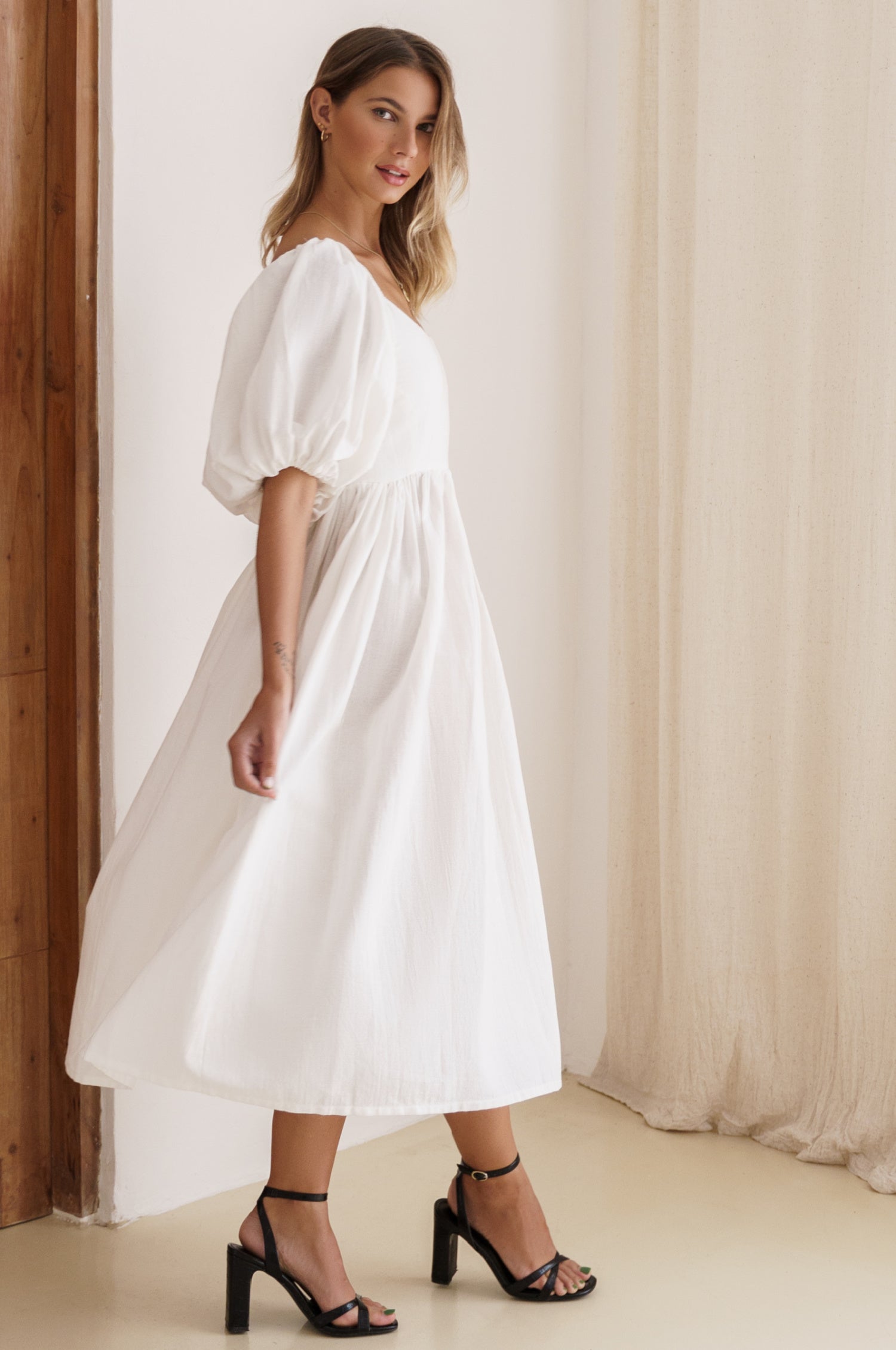 Cherie Puff Sleeve Midi Dress - Off White