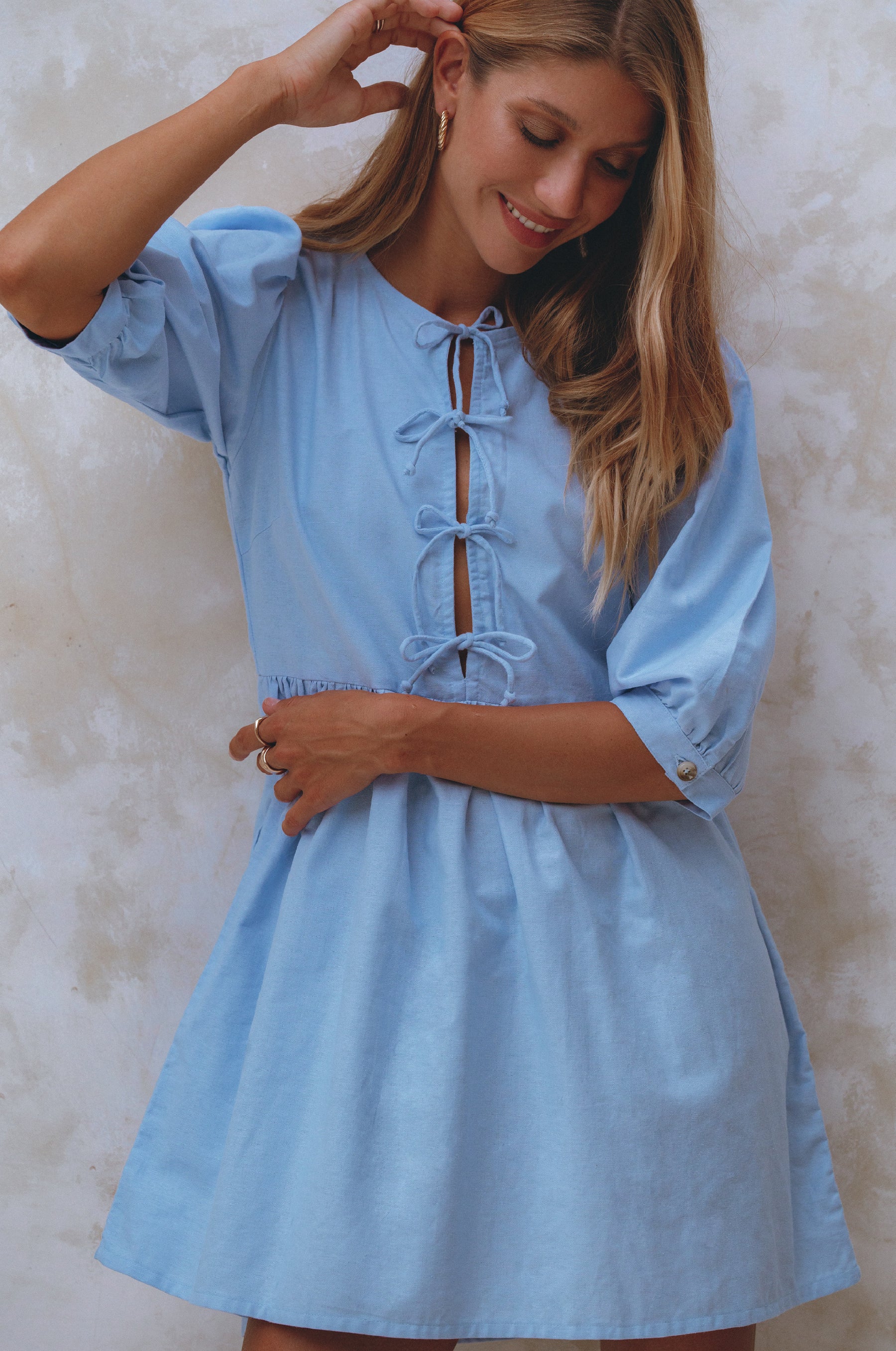 Beatrice Puff Sleeve Linen Mini Dress - Crystal Blue