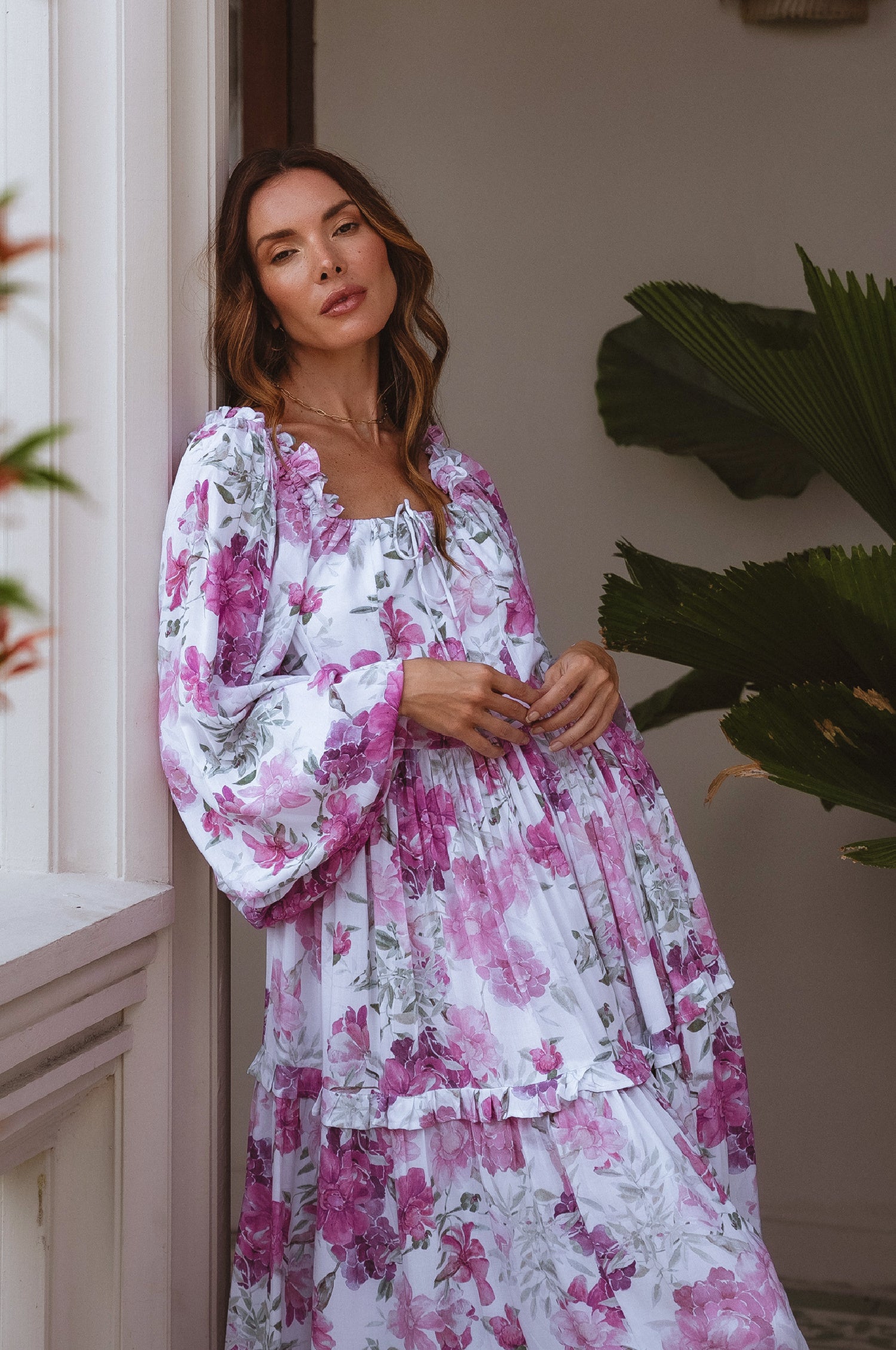 Floriana Long Sleeve Midi Dress - Rose Peony