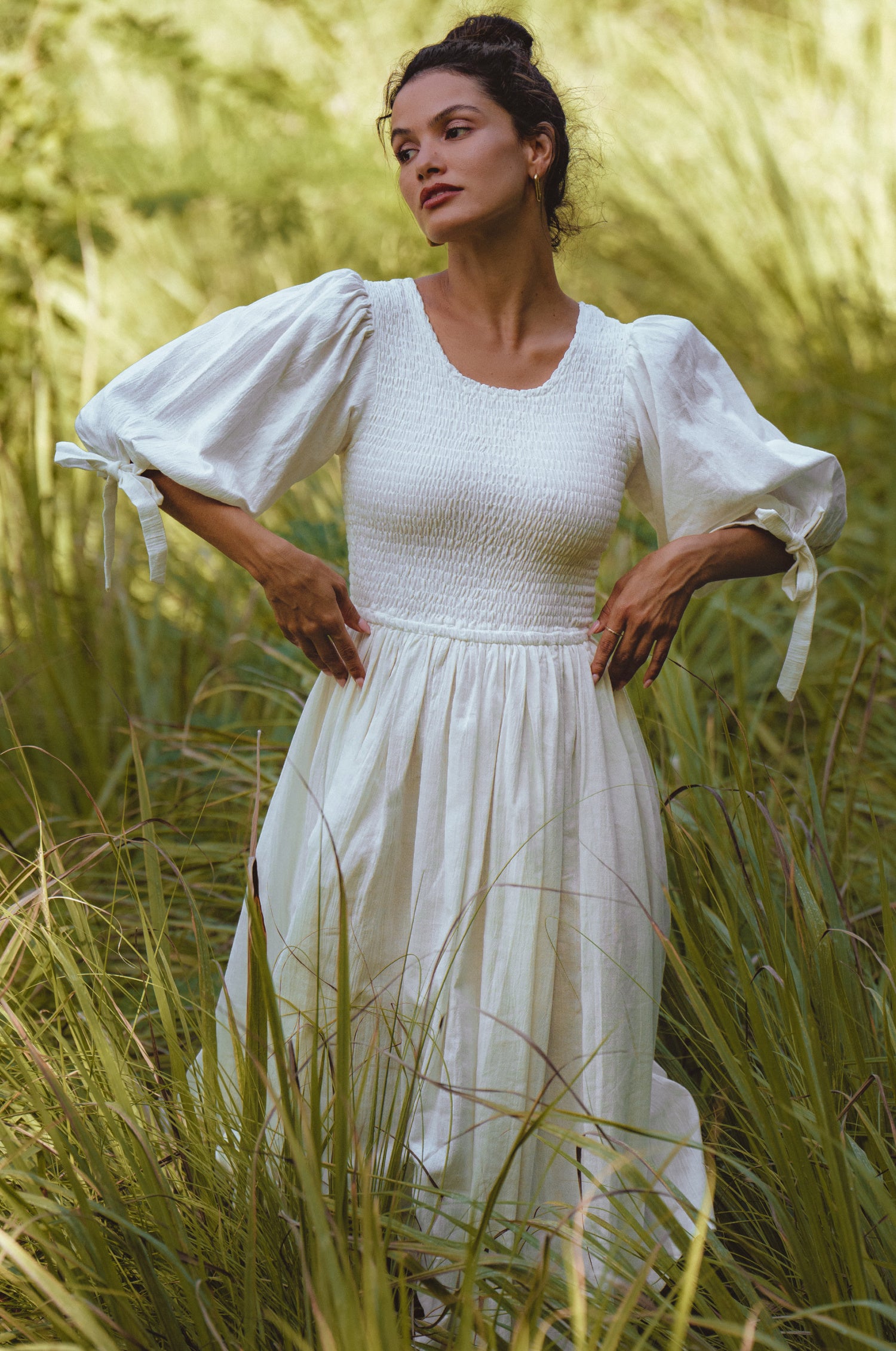 Freya Smocked Linen Midi Dress - White