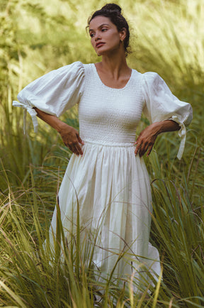 Freya Smocked Linen Midi Dress - White