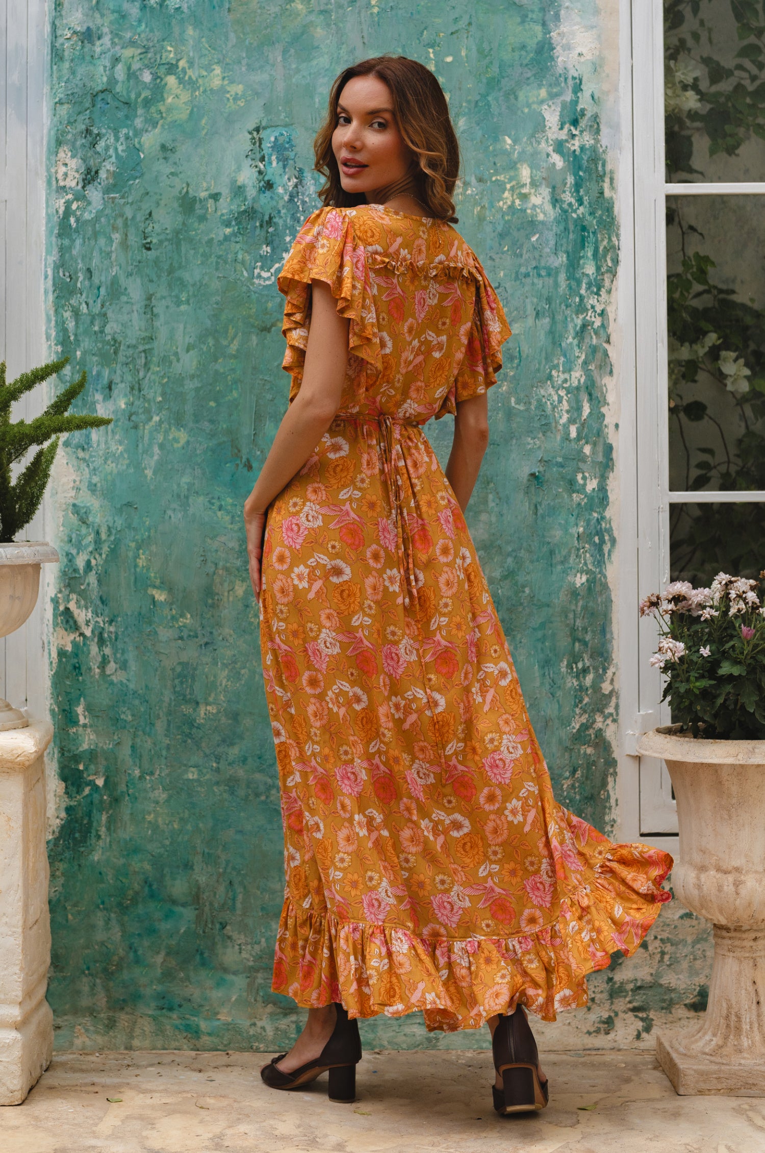 Carmen Wrap Maxi Dress - Golden Birds