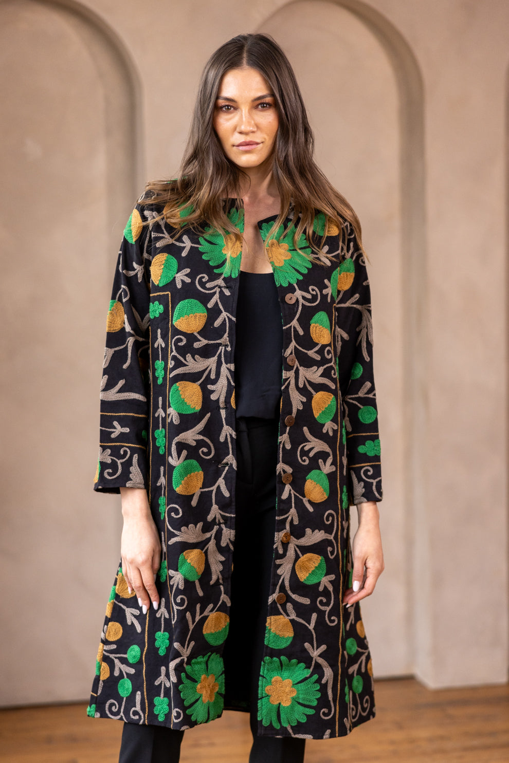 Malika Coats - Black with Green Embroidery