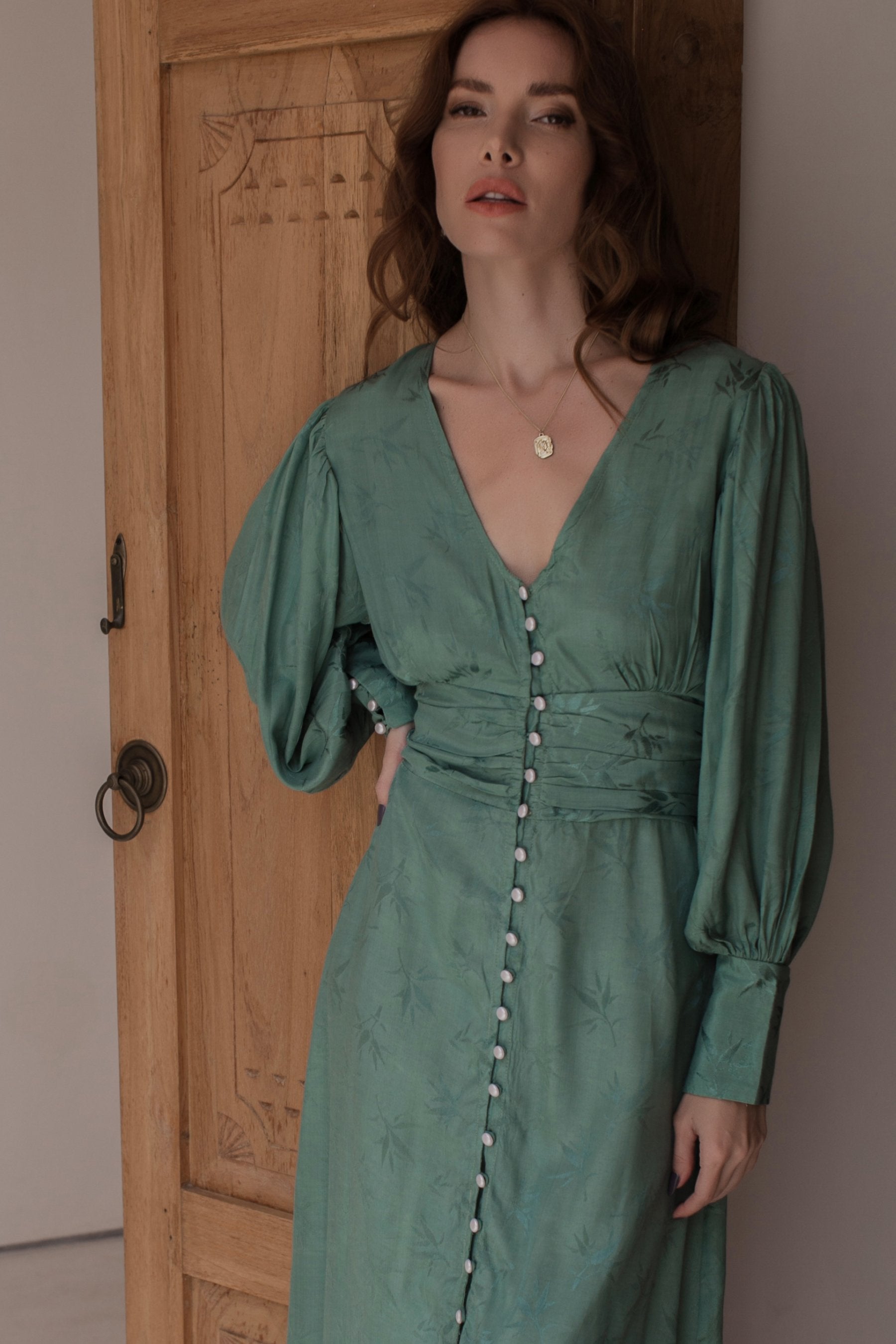 Juliette Pearl Buttons Midi Dress - Pearl Sage