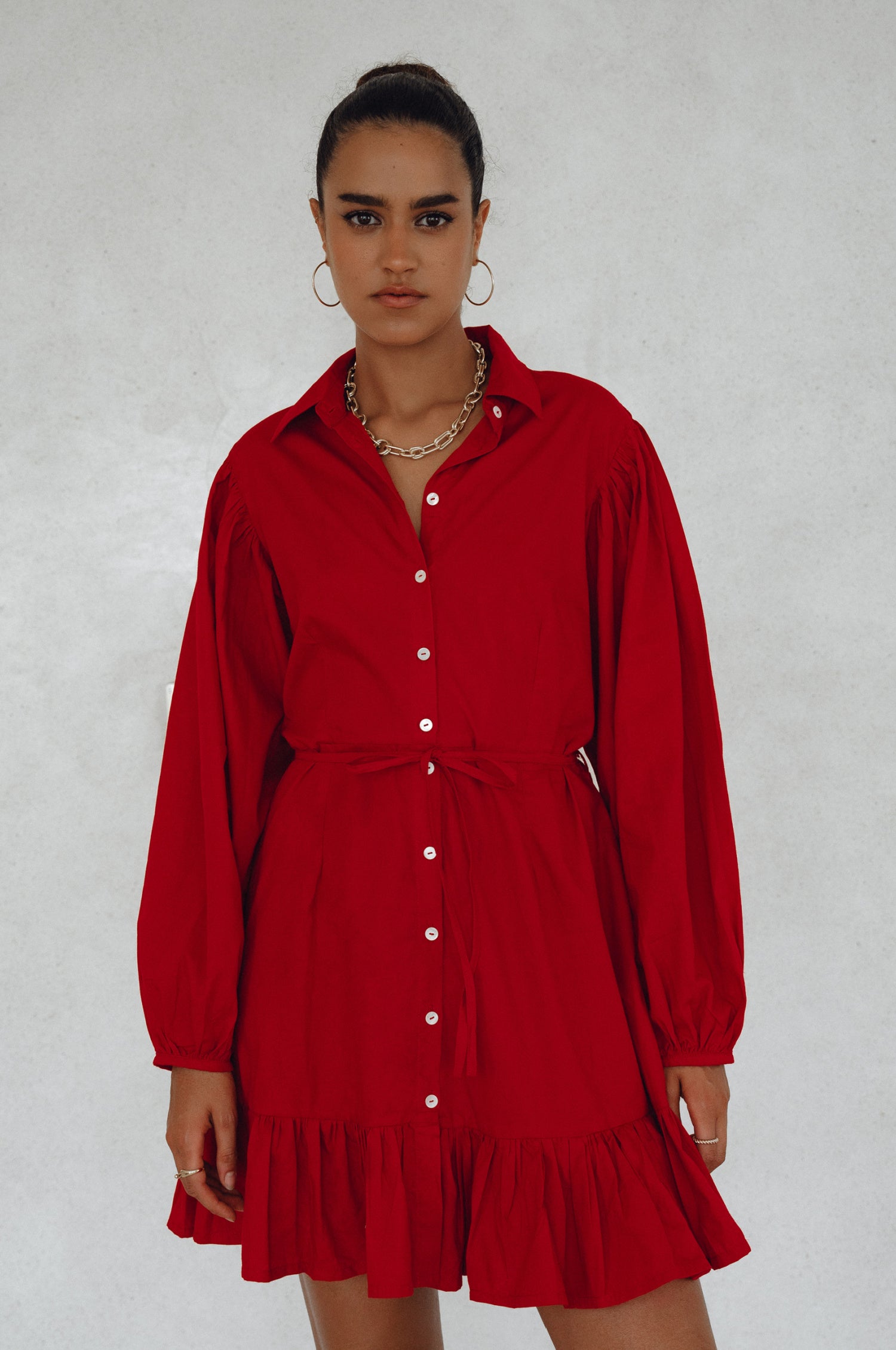 Malina Button Down Cotton Mini Dress - Red