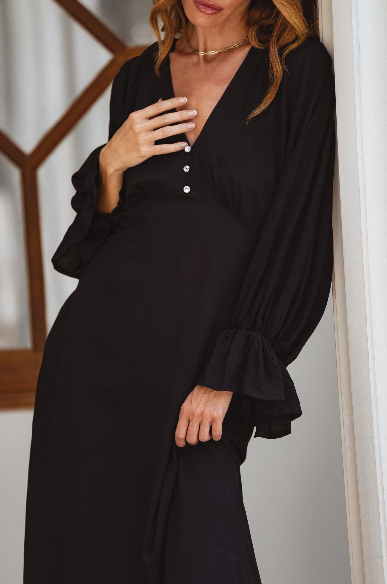 Ava Long Sleeve Ruffle Maxi Dress - Black