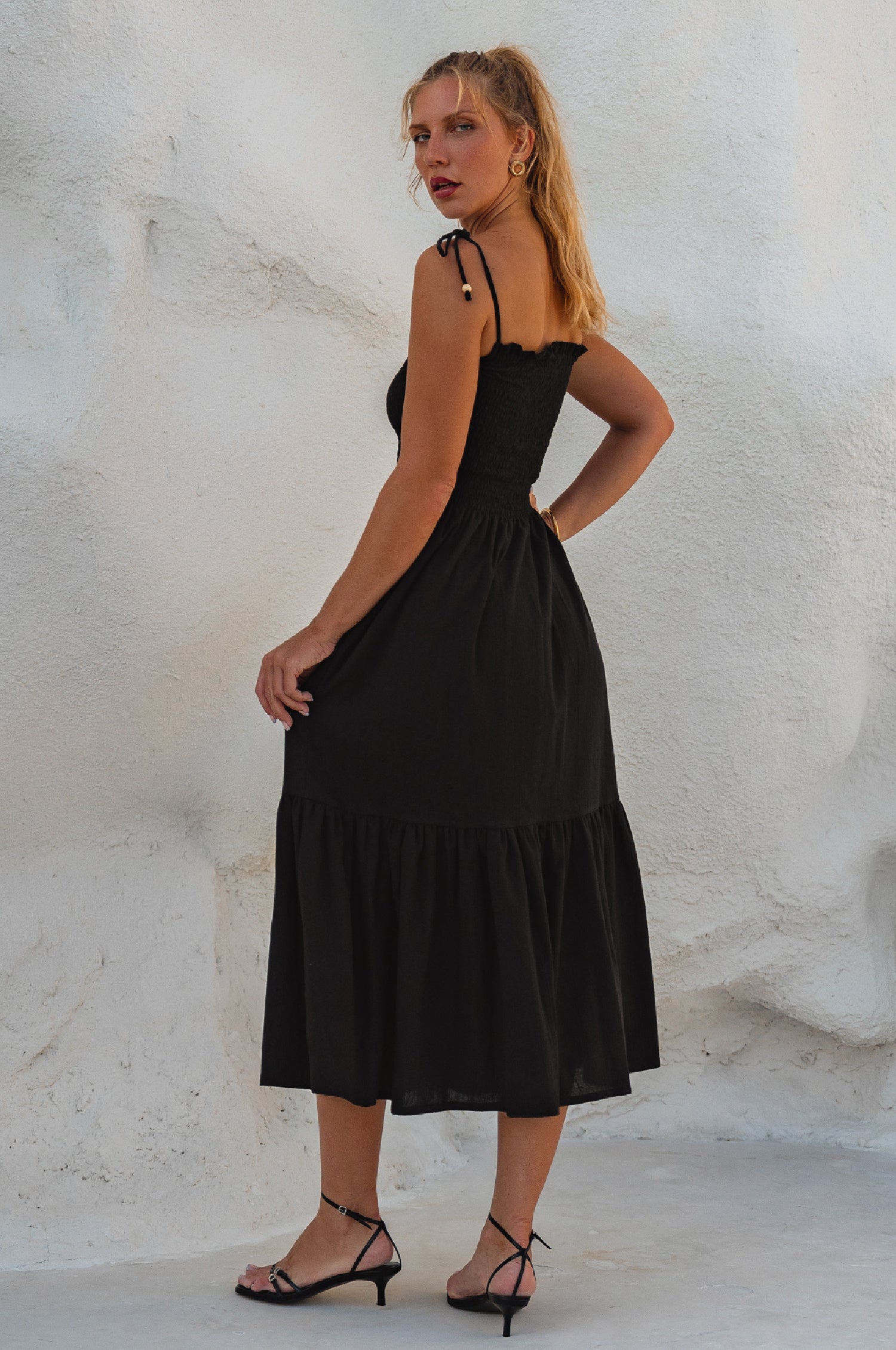 Paradiso Strappy Linen Midi Dress - Black