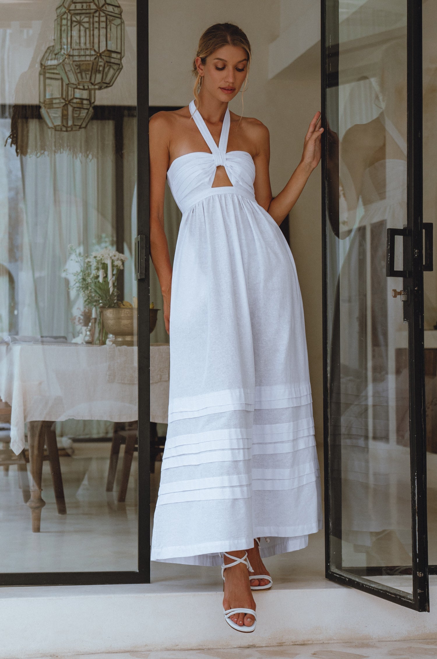 Penelope Halter Linen Maxi Dress - White