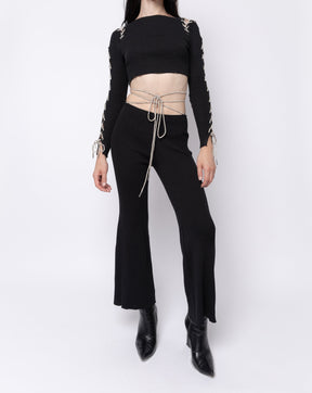 Rhinestone Lace Up Flare Pants